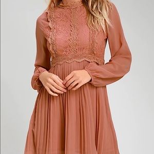 Lulus Charlisa Rusty Rose Lace Skater Dress XS